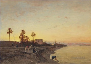  Huguet Oil Painting - On the banks of the Nile Egypt Victor Huguet Orientalist